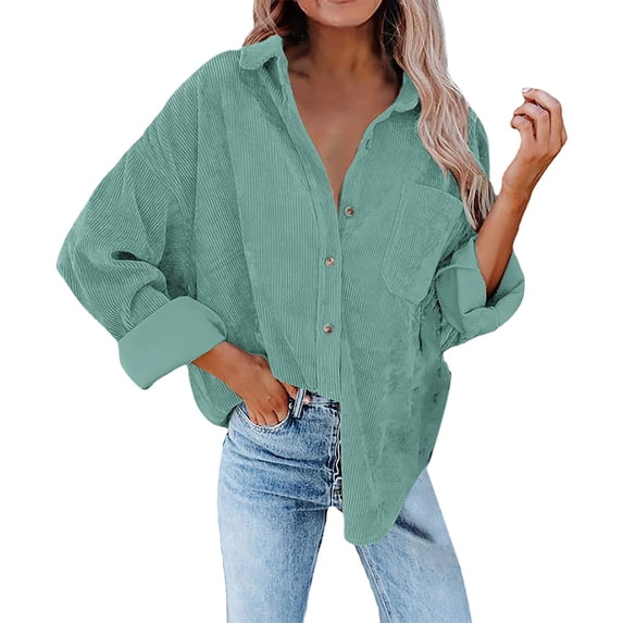 Baqcunre Long Sleeve Shirts For Women Woman Over Size Solid Color Turn Down Collar Fashion Loose Leisure Corduroy Lohas Time Coat Shirt Womens Shirts Workout Tops For Women Mint Green XL