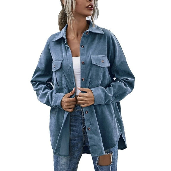 Baqcunre Long Sleeve Shirts For Women Women'S Corduroy Lapel Single Breasted Shirt Long Sleeve Loose Casual Coat Fall Clothes Winter Coats For Women Light blue L