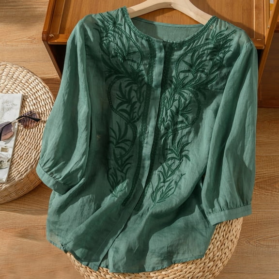Baqcunre Long Sleeve Shirts For Women Women'S Embroidered Loose Fit Seven Quarter Sleeve Shirt Thin And Elegant Casual Blouse Womens Shirts Womens Tops Green M