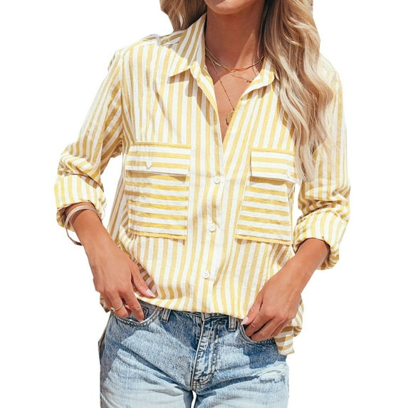 Baqcunre Long Sleeve Shirts For Women Women'S Striped Button Down Shirts Casual Long Sleeve Stylish V Neck Blouses Tops With Pockets Womens Shirts Womens Blouses Yellow M
