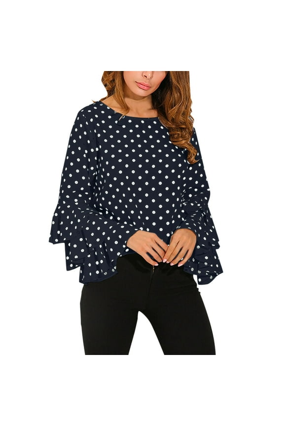 Long Sleeve Shirts For Women Womens O Neck Bell Sleeve Loose Polka Dot Shirt Ladies Casual Blouse Tops Womens Fall Tops Womens Blouses Navy XXL
