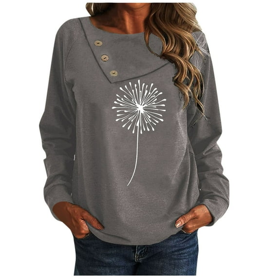 Baqcunre Long Sleeve T Shirt 2023 European And American Fashion Button Collar Dandelion Print Long Sleeve T Shirt Womens Jacket Plus Size Tops Grey XL