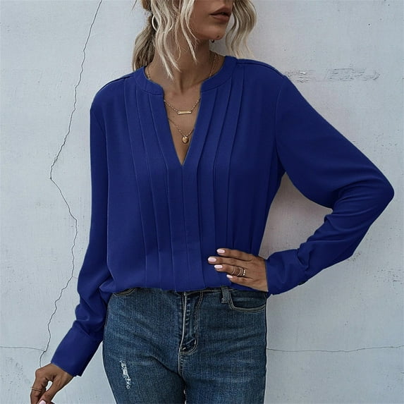 Baqcunre Long Sleeve T Shirt Women's V Neck Long Sleeved Pleats Chiffon Solid Color Pullover T Shirt Workout Tops Womens Tops C S