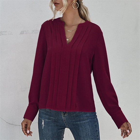 Baqcunre Long Sleeve T Shirt Women's V Neck Long Sleeved Pleats Chiffon Solid Color Pullover T Shirt Workout Tops Womens Tops Red XL