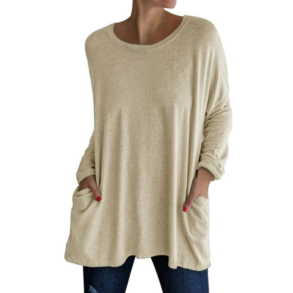 Baqcunre Long Sleeve T Shirt Womens Crew Neck Long Sleeve Top T Shirt Long Top Solid Color T Shirt With Pockets Crewneck Sweatshirts Plus Size Tops Khaki 3XL