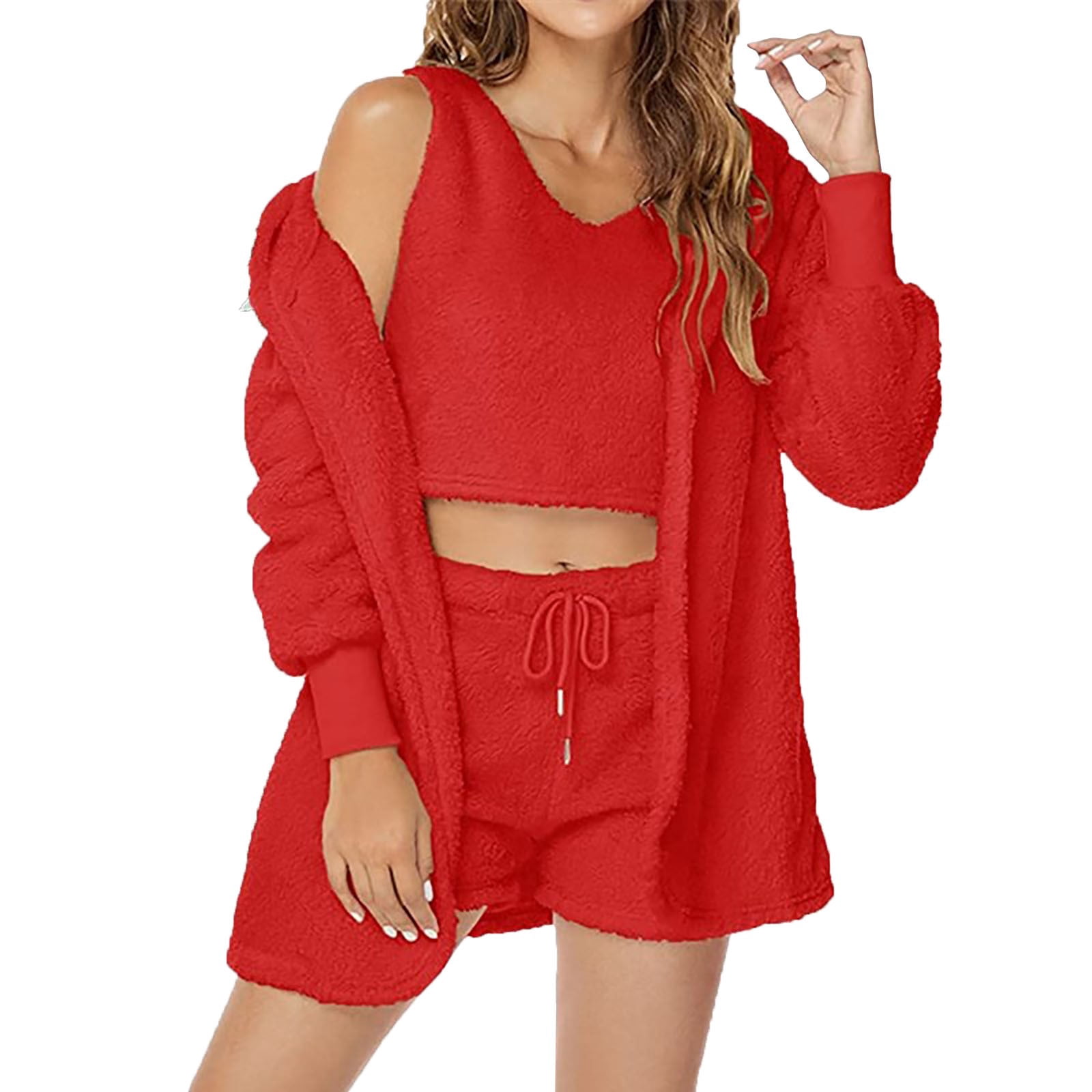 Women's Winter Pajama Set - 3-Piece Flannel Hooded Pajamas With Shorts, Cute Cat Beard Design - View #8
