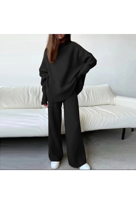 Lounge Sets for Women, Women's Knit Solid Color High Collar Relaxed And Casual Two Piece Set Long Sleeved Pants Set, Workout Sets for Women, 2 Piece Sets for Women Black 2XL