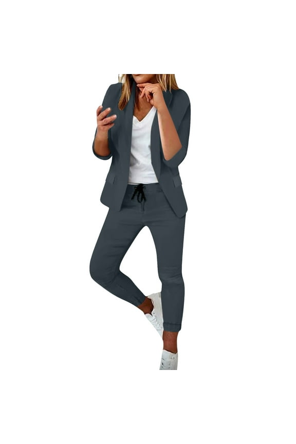 Lounge Sets for Women, Women's Office Trouser Suit Trouser Suit Trousers 2 Piece Suit Plain Two Piece Slim Fit Sporty Trouser Suit, Workout Sets for Women, 2 Piece Sets for Women Grey 2XL