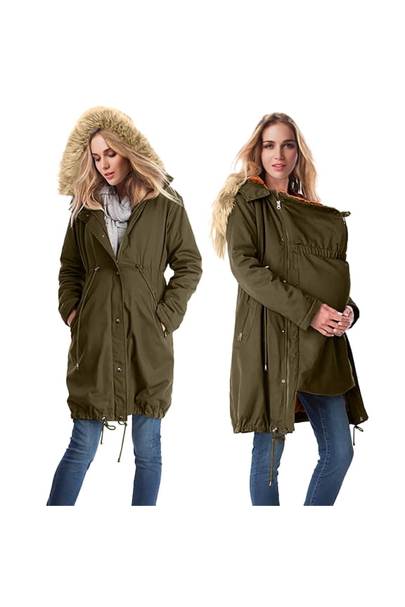 Maternity Cotton Jacket Winter Long Puffer Down Jacket Parka Cotton Jacket 2024 with Hoodie and Pockets, Cotton Clothing for Pregnant Women Army Green XL
