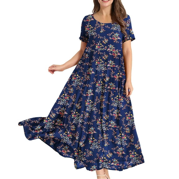 Baqcunre Maxi Dress Ladies Summer Beach Midi Dress Comfortable Pleated Dress Casual Loose Flower Dress Summer Dresses 2023 Women'S Casual Dresses Blue 2 Dress S
