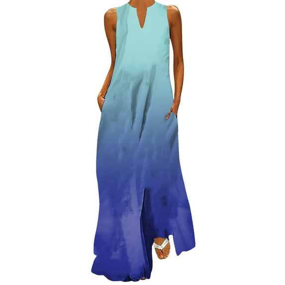 Baqcunre Maxi Dress Vintage Womens Summer Dress Sleeveless V Neck Maxi Dress Elegant Beach Long Dress Women'S Formal Dresses Summer Dress Blue Dress XXL