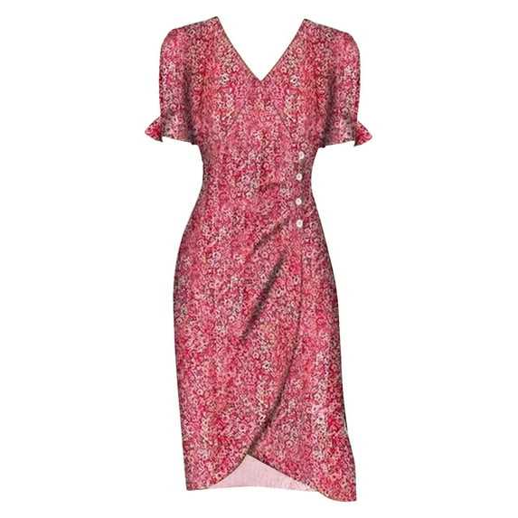Baqcunre Maxi Dresses for Women 2024 Multicolor Summer New Women's V Neck Fragmented Flower Hem Irregular Floral Print Button Waist Dress Dresses for Women 2024 Summer Dresses for Women 2024