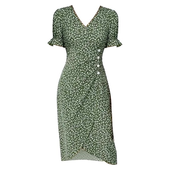 Baqcunre Maxi Dresses for Women 2024 Multicolor Summer New Women's V Neck Fragmented Flower Hem Irregular Floral Print Button Waist Dress Dresses for Women 2024 Summer Dresses for Women 2024