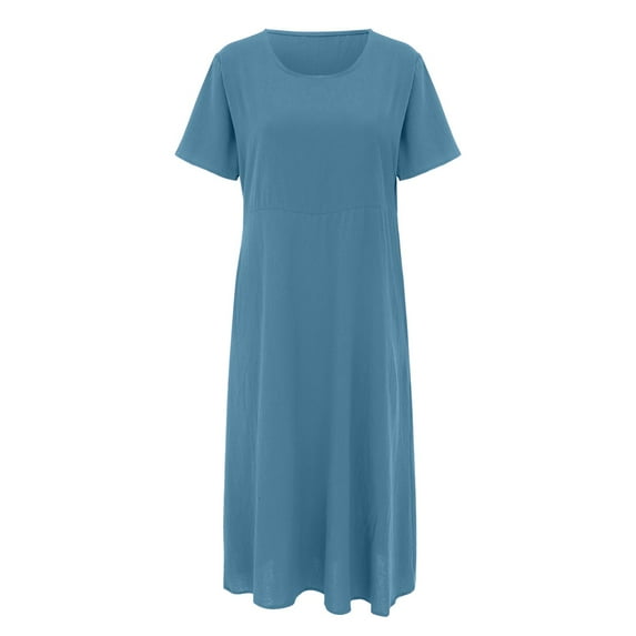 Baqcunre Maxi Dresses for Women 2024 Women's Casual Solid Color Short Sleeved Round Neck Loose Pocket Dress Dresses for Women 2024 Summer Dresses for Women 2024 Womens Dresses Blue M(Hot)