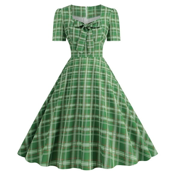 Baqcunre Maxi Dresses for Women 2024 Women's Elegant Square Neck Short Sleeve Plaid Print Waist Wrap Dress Dresses for Women 2024 Summer Dresses for Women 2024 Womens Dresses Green XL(Hot)