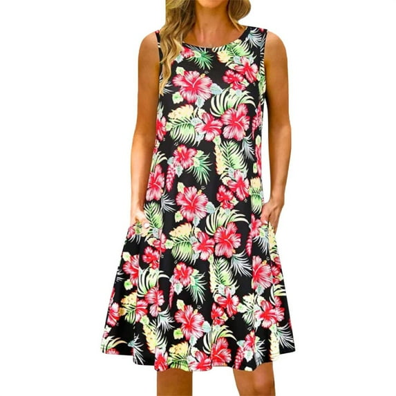 Baqcunre Maxi Dresses for Women 2024 Women's Floral Camouflage Print Spring And Summer Loose Round Neck Suspender Sleeveless Vest Pocket Dress Dresses for Women 2024 Summer Dresses for Women 2024