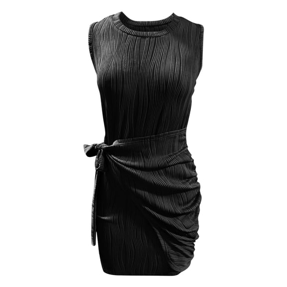 Baqcunre Maxi Dresses for Women 2024 Women's Spring/Summer Solid Color Crew Neck Pleated Lace Up Knit Vest Sleeveless Dress Dresses for Women 2024 Summer Dresses for Women 2024 Womens Dresses