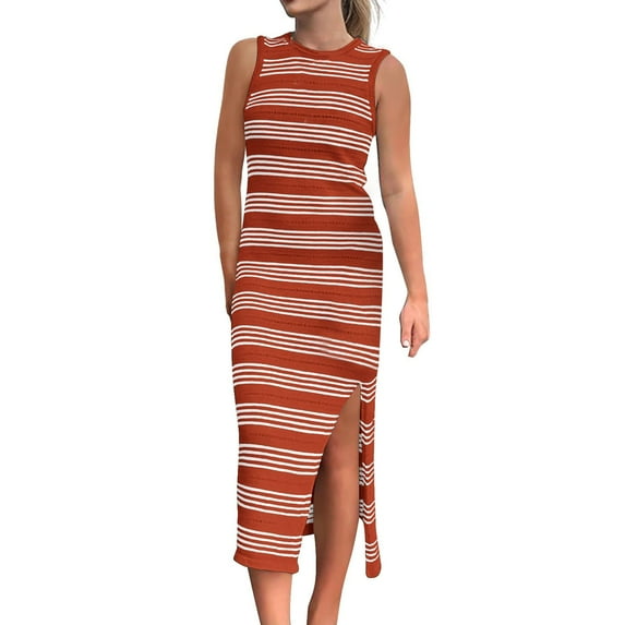 Baqcunre Maxi Dresses for Women 2024 Women's Summer Bodycon Sundresses Casual Midi Sleeveless Hollow Out Knit Side Slit Striped Long Tank Dress Dresses for Women 2024 Summer Dresses for Women 2024