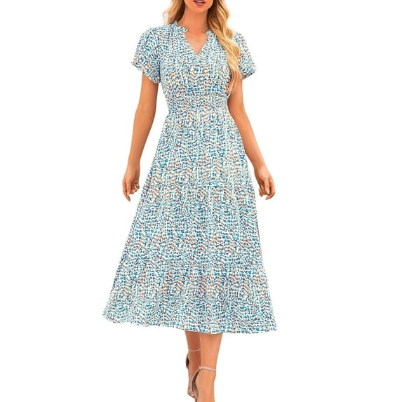 Baqcunre Maxi Dresses for Women 2024 Women's Summer Casual V Neck Short Sleeve Ruffle Ruched Beach Boho Long Floral Maxi Dress Dresses for Women 2024 Summer Dresses for Women 2024 Womens Dresses