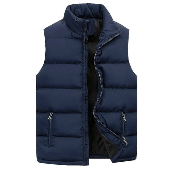 Baqcunre Men Women Autumn And Winter Fashion Casual Solid Color Zipper Collar Sleeveless Cotton Padded Vest Top Features,6XL,Mens Vest,Mens Winter Jacket,Winter Coats For Men,Mens Clothes,,Navy
