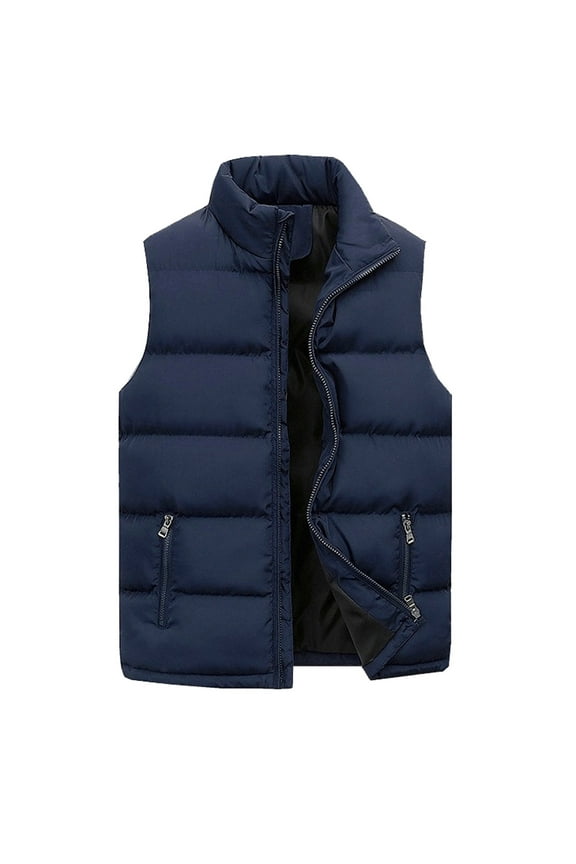Men Women Autumn And Winter Fashion Casual Solid Color Zipper Collar Sleeveless Cotton Padded Vest Top Features,6XL,Mens Vest,Mens Winter Jacket,Winter Coats For Men,Mens Clothes,,Navy
