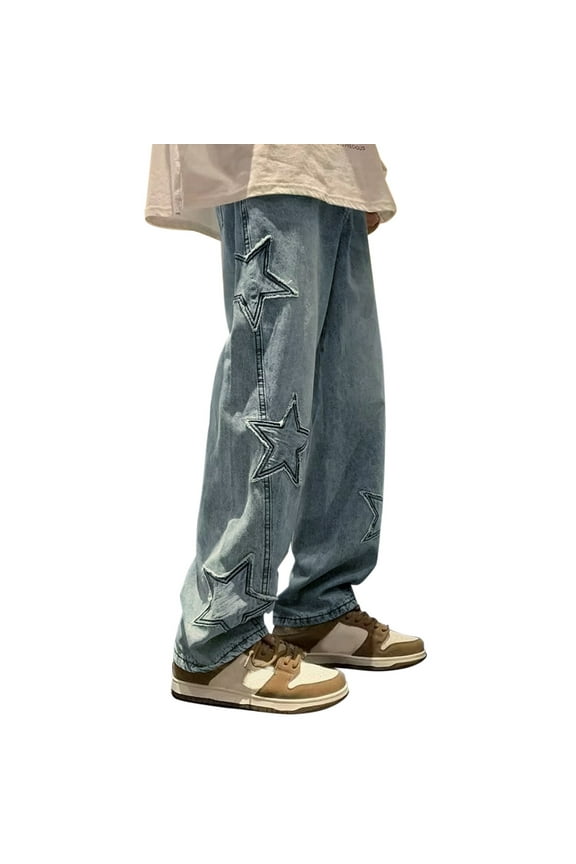 Men's Fashion Brand High Street Washed Old Loose Fashion Casual Jeans,Size L,Mens Jeans,Men'S Pants,Wide Leg Jeans,Mens Clothes,Mens Fashion,Blue Jeans