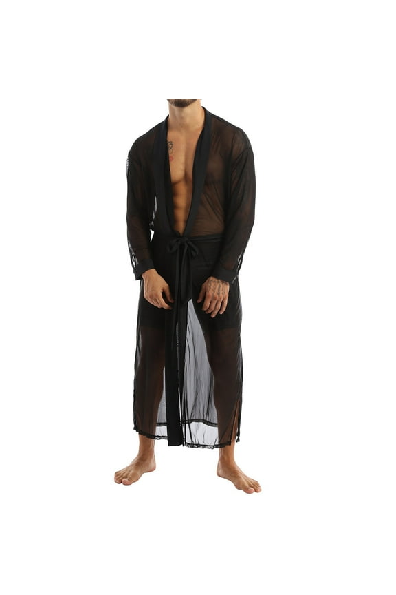 Men's Long See-Through Transparent Sexy Cape Open Seam Cardigan Mens Shirts Sexy Lingerie Long Cardigan Mens Robe,Black,Xxl