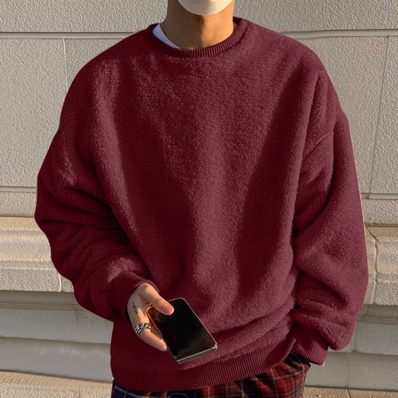 Baqcunre Men's Solid Color Fashionable Casual Plush Round Neck Hoodie,M,Crewneck Sweatshirts,Mens Sweatshirt,Long Sleeve Shirts For Men,Men'S Fashion Hoodies & Sweatshirts,Mens Fashion,Wine