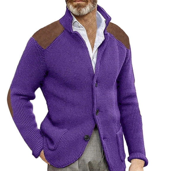 Baqcunre Mens Button Cuff Shoulder Patch Slim Warm Sweater Slim Lapel Long Sleeve Knit Jacket,4XL,Jackets For Men,Mens Sweater,Long Sleeve Shirts For Men,Plus Size Sweater,,Purple