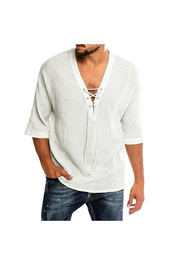 Mens Dress Shirts Top Half Sleeve Hiking Man Linen Shirts For Men Tops For Men White L
