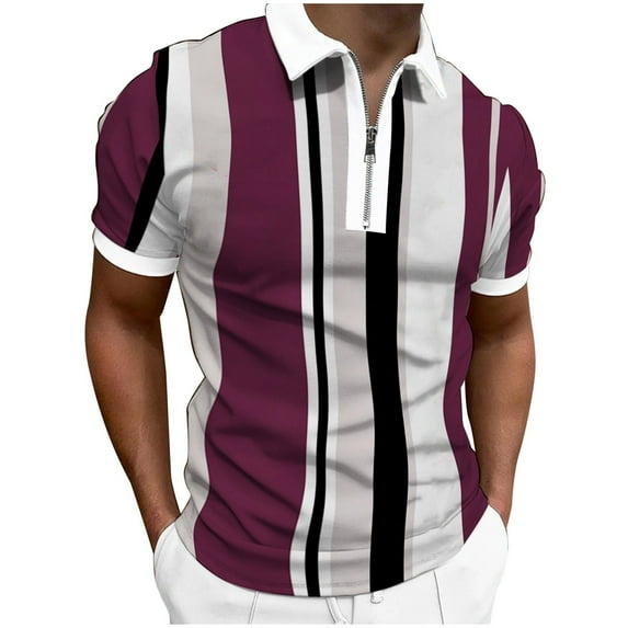 Baqcunre Mens Shirts Men Shirt Lapel Zipper Short Sleeve Loose Shirt Elegant Printed Shirt Top Polo Shirts For Men Tops For Men Wine XL