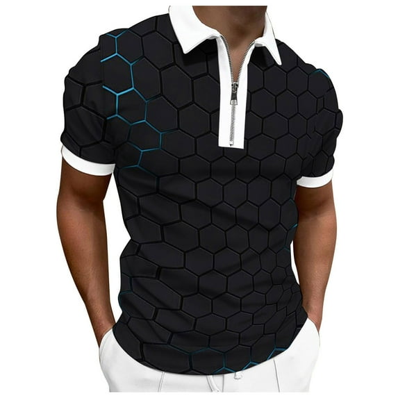 Baqcunre Mens Shirts Men Shirt Lapel Zipper Short Sleeve Loose Shirt Printed Shirt Top Polo Shirts For Men Tops For Men Black M