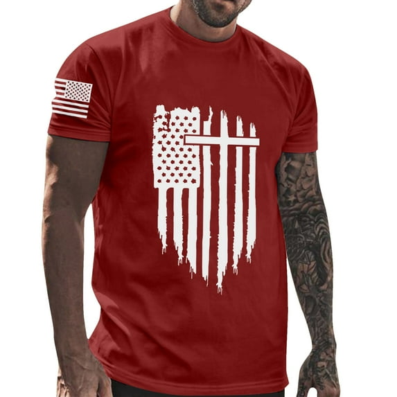 Baqcunre Mens Shirts,Mens Independence Day Flag Casual Soft And Comfortable Small Printed Cotton T Shirt With Rund Neck And Short Sleeves,Going Out Tops Graphic Tees Men T Shirts for Man Red L