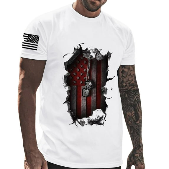 Baqcunre Mens Shirts,Mens Independence Day Flag Casual Soft And Comfortable Small Printed Cotton T Shirt With Rund Neck And Short Sleeves,Going Out Tops Graphic Tees Men T Shirts for Man White L