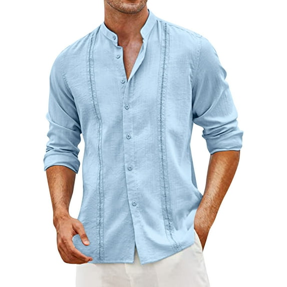 Baqcunre Mens Shirts Mens Spring And Summer Fashion Casual Cotton And Collar Button Long Sleeve Shirt Top Blouse Linen Shirts For Men Tops For Men Sky Blue L