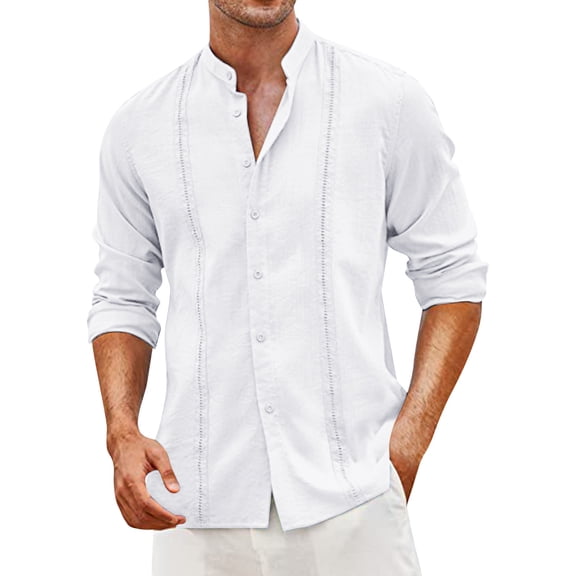 Baqcunre Mens Shirts Mens Spring And Summer Fashion Casual Cotton And Collar Button Long Sleeve Shirt Top Blouse Linen Shirts For Men Tops For Men White L
