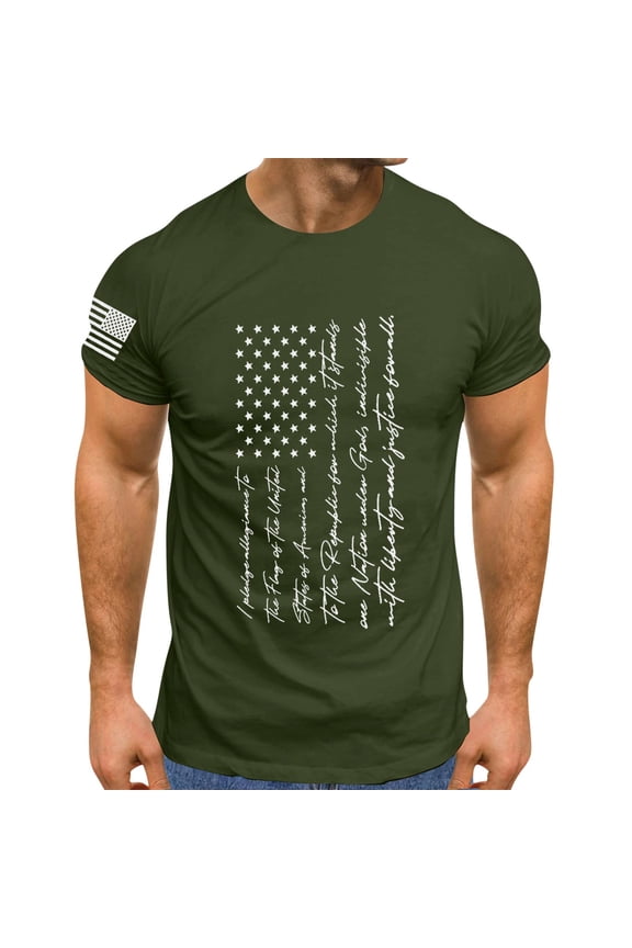 Mens T Shirt Independence Day Flag Print Spring/Summer Leisure Sports Comfortable Breathable Sweat Absorbing Crew Neck D Mens Sweatshirt Tops For Men Army Green XXL