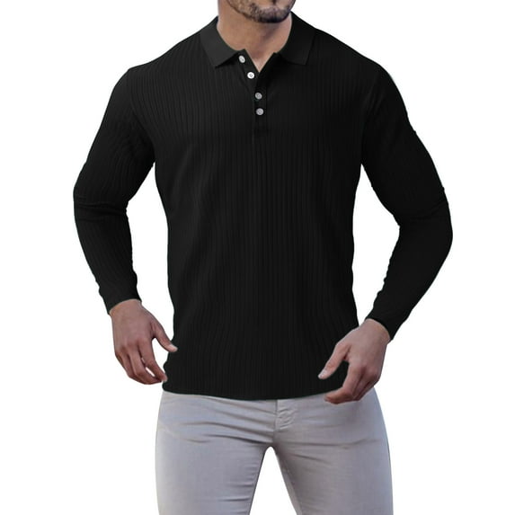Baqcunre Mens T Shirt Male Casual Autumn Striped Fabric T Shirt Button Turn Down Collar Long Sleeve Tops T Shirt Polo Shirts For Men Tops For Men Black L
