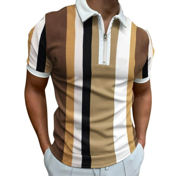 Baqcunre Mens T Shirt Male Summer Casual Stripeprint T Shirt Turn Down Collar Short Sleeve Tops T Shirt Polo Shirts For Men Tops For Men Khaki L