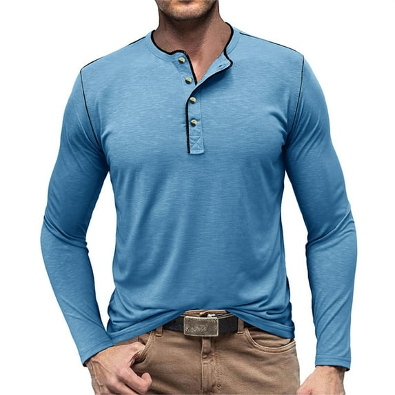 Baqcunre Mens T Shirt Men'S Fashion Spring And Autumn Casual Long Sleeve Button Solid Color Long Sleeve T Shirt Top Sweatshirt Tops For Men Blue L