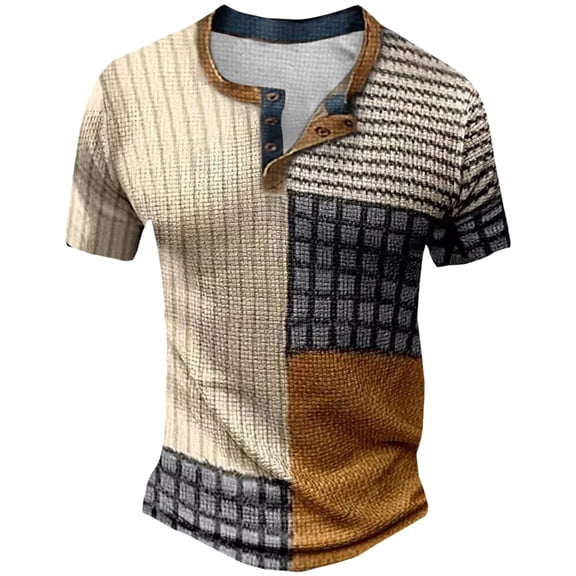 Baqcunre Mens T Shirt Men'S Fashion Trend Short Sleeve Casual Top Striped Plaid Printed Button Men'S T Shirt Sweatshirt Tops For Men Khaki M