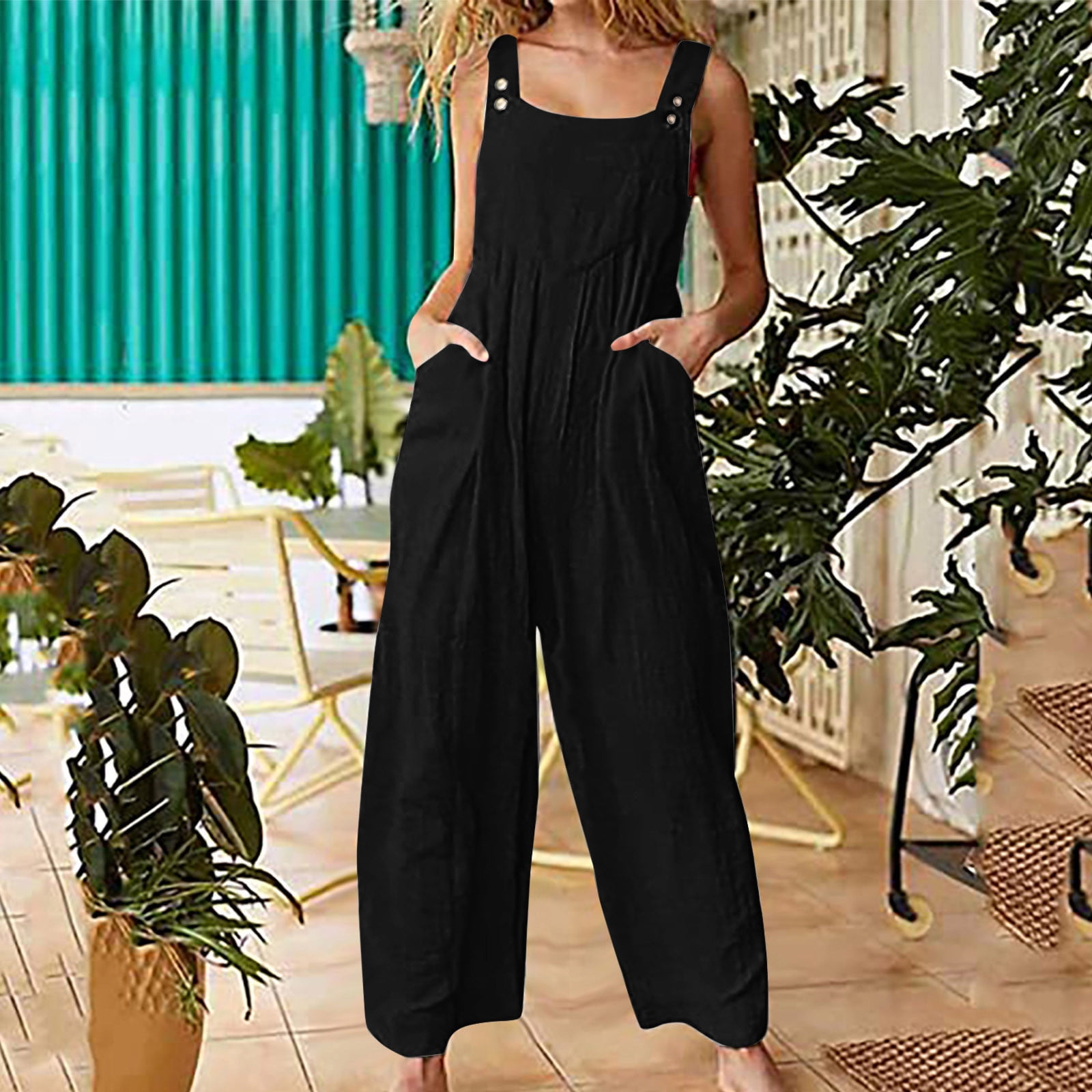  WANGPU Baggy Casual Linen Bib Overalls for Women Sleeveless  Straps Solid Culotte Jumpsuit Sling Wide Leg Rompers Harem Pants :  Clothing, Shoes & Jewelry