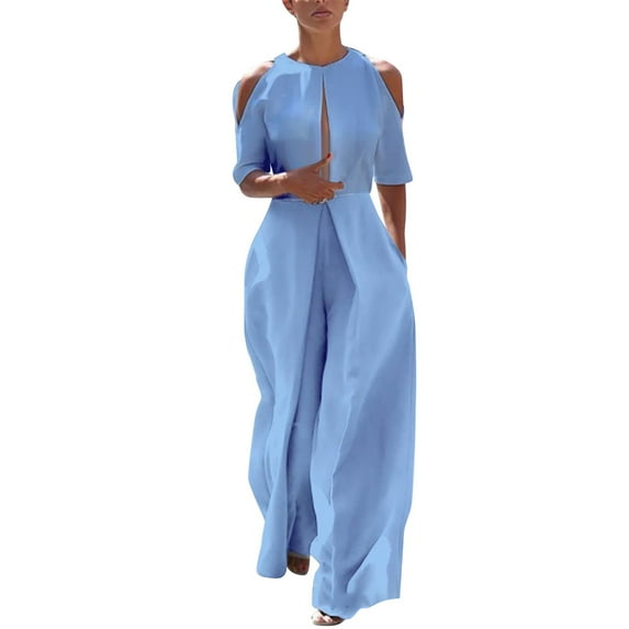 Baqcunre One Piece Jumpsuit,Ladies Summer Solid Color Fashion Jumpsuit Off The Shoulder Casual Jumpsuit,Pants for Women Womens Jumpsuit Jumpsuits for Women Womens Clothes Blue L