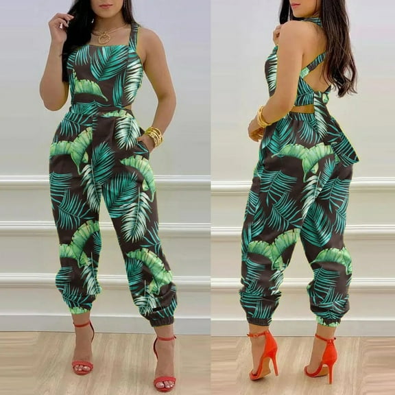 Baqcunre One Piece Jumpsuit,O Neck Sleeveless Waist Micro Elastic Band Cross Tied Detail Backless Slim Rompers,Wide Leg Pants Woman Womens Jumpsuit Jumpsuits for Women Womens Clothes Green S