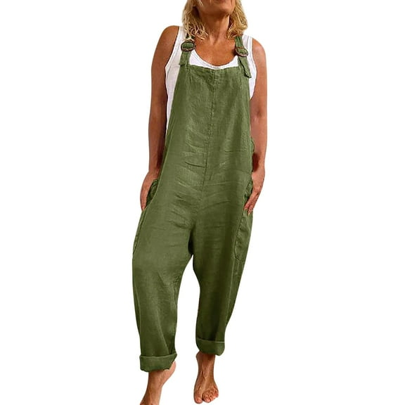 Baqcunre One Piece Jumpsuits For Women Women'S Summer Jumpsuits Casual Sleeveless Jumpsuit Drawstring Elasitic Waist Romper Pajama Linen Pants Womens Pants Green XL