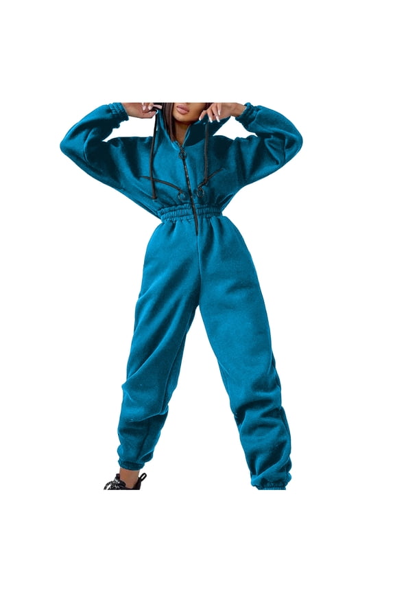 One Piece Jumpsuits For Women Thin Slim Waist Hoodie Zipper Drawstring Jacket Outerwear Tracksuit Motion Sweatshirt Jumpsuit Joggers Pants For Women Pants For Women Blue L