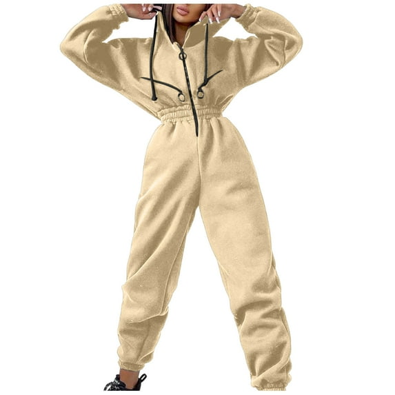 Baqcunre One Piece Jumpsuits For Women Thin Slim Waist Hoodie Zipper Drawstring Jacket Outerwear Tracksuit Motion Sweatshirt Jumpsuit Joggers Pants For Women Pants For Women Khaki L