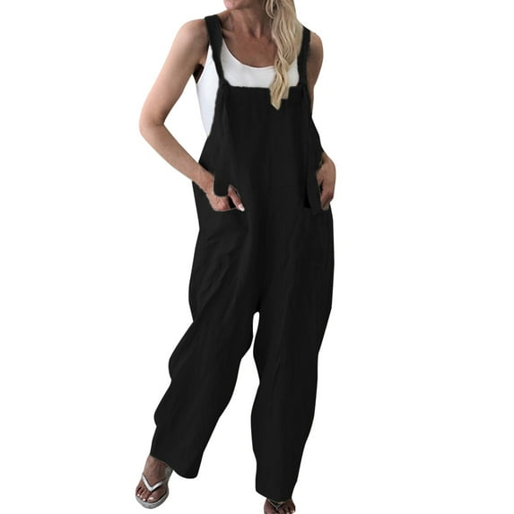 Baqcunre One Piece Jumpsuits For Women Women'S Sleeveless Wide Leg Bib Pants Bottons Jumpsuit Romper With Button Pockets Button Jumpsuit Womens Sweatpants Womens Pants Black L