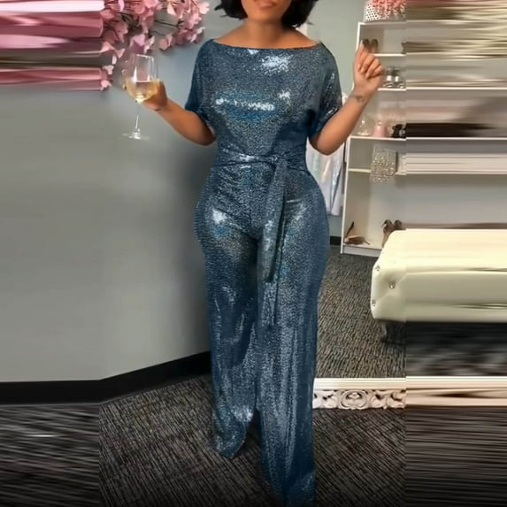 Baqcunre One Piece Jumpsuits For Women Women'S Stylish Dress Pant Set Banquet Evening Dress Pant Jumpsuit Off Shoulder Ful Bright Jumpsuit Womens Sweatpants Womens Pants Blue L