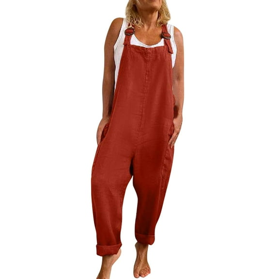 Baqcunre One Piece Jumpsuits For Women Women'S Summer Jumpsuits Casual Sleeveless Jumpsuit Drawstring Elasitic Waist Romper Pajama Linen Pants Womens Pants Red XXL